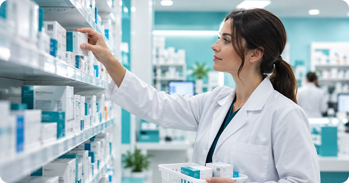 Pharmacist selecting medication from pharmacy shelves for private prescription fulfilment for ADHD clinics