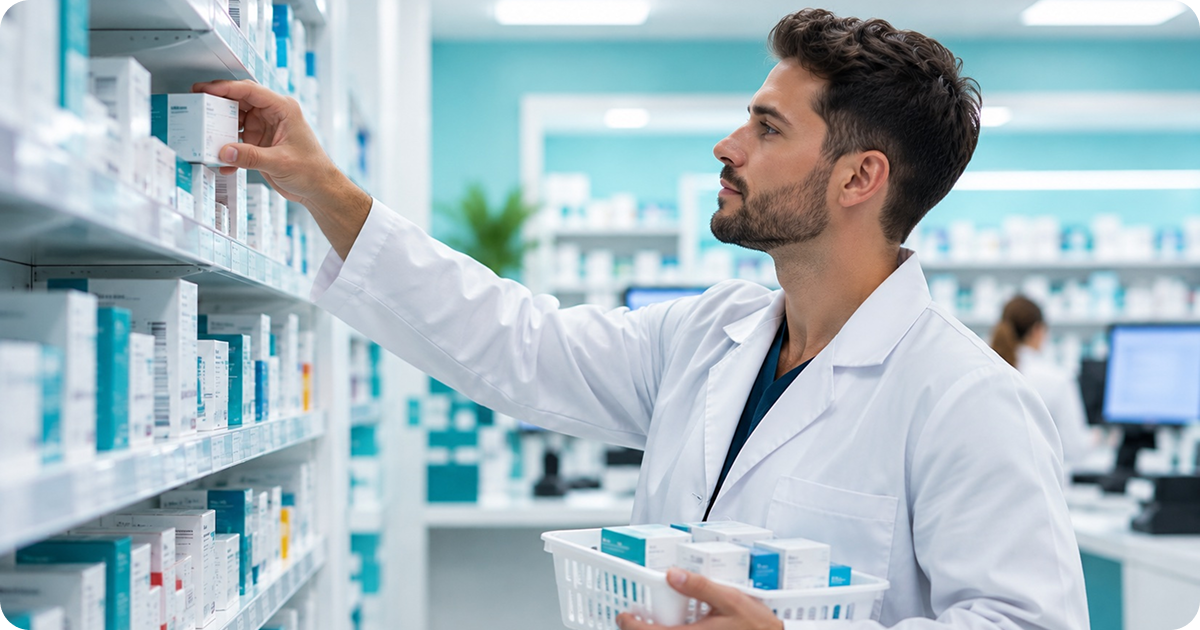 Pharmacist reaching for medicine on pharmacy shelves in an outsourced private prescription fulfilment pharmacy