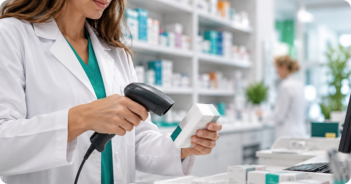 Pharmacist scanning a boxed prescription medicine at a Molecule CloudRx pharmacy for private prescription fulfilment
